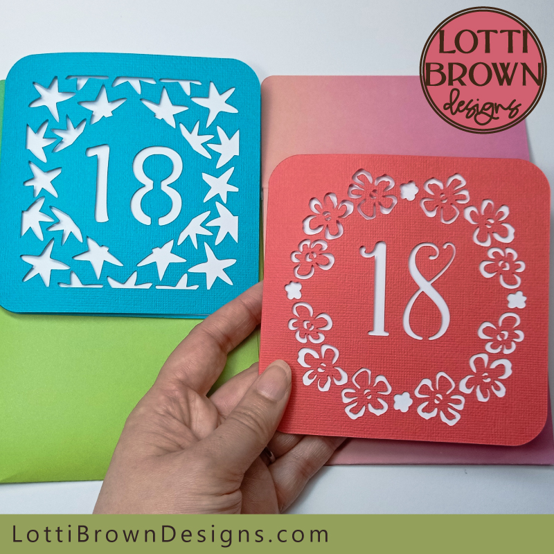 Two 18th birthday card SVG templates to make with your Cricut or similar cutting machine - pretty florals or unisex stars...