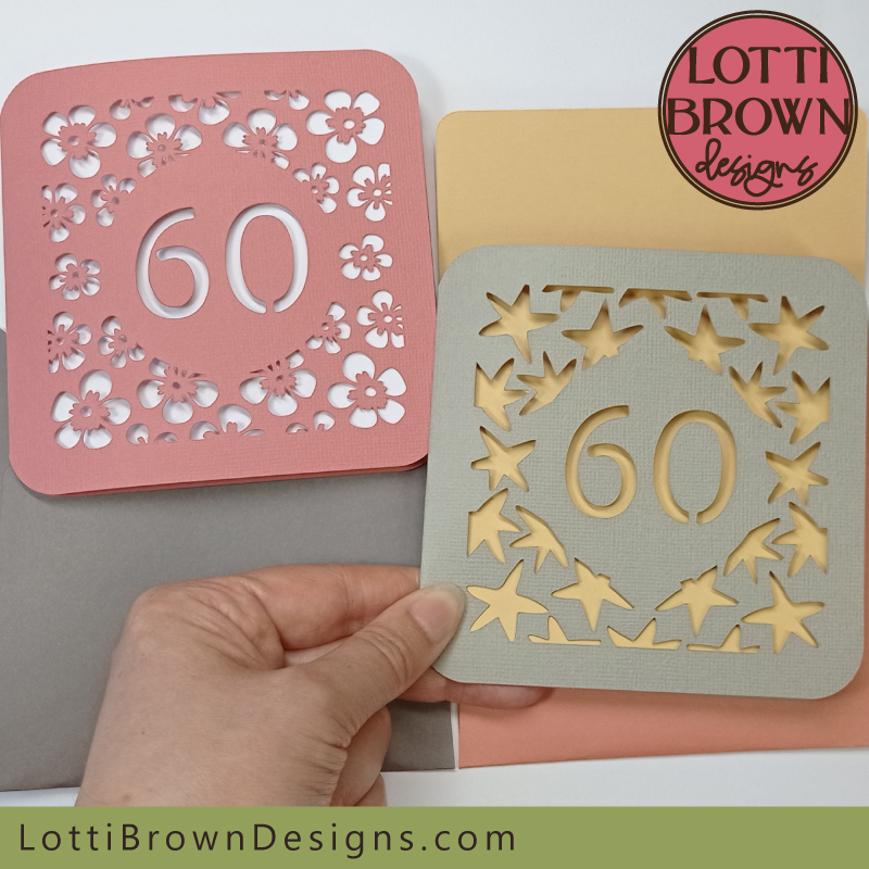 Two 60th birthday card templates for Cricut and similar cutting machines - pretty floral design and unisex stars design for men or women...