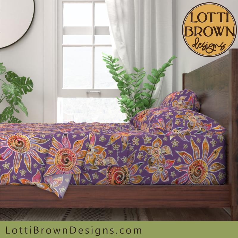 70s boho floral bedsheets purple