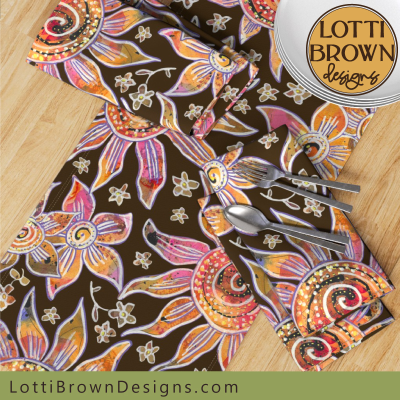 70s boho floral table linen brown