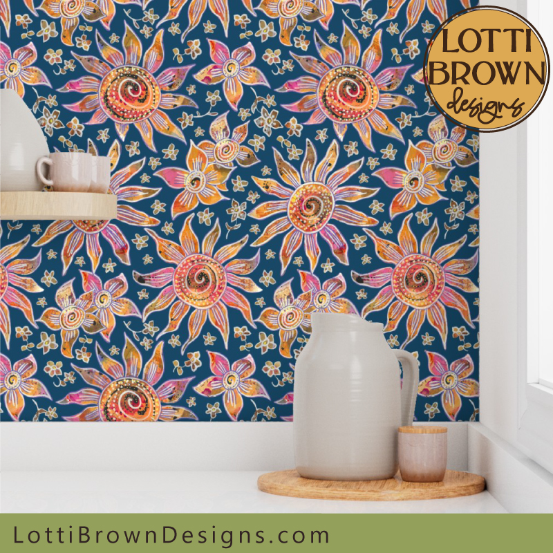 70s boho floral wallpaper blue