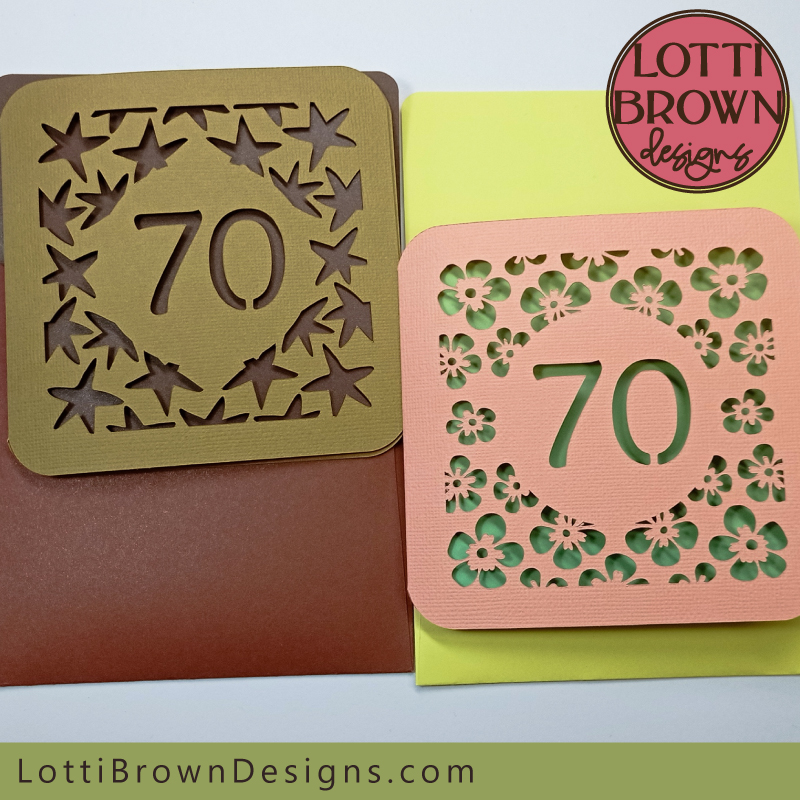 70th birthday card SVG templates for men and women - two designs with flowers or stars - ideal for Cricut and similar cutting machines...