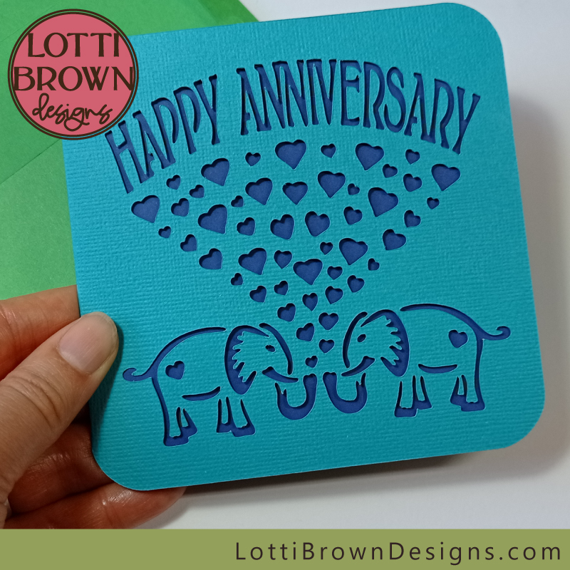 Teal and blue anniversary card template for Cricut - with green envelope