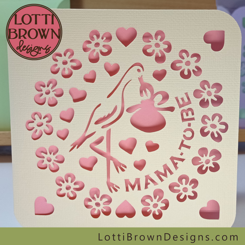 Pretty stork with hearts and flowers - baby shower card template for Cricut etc.