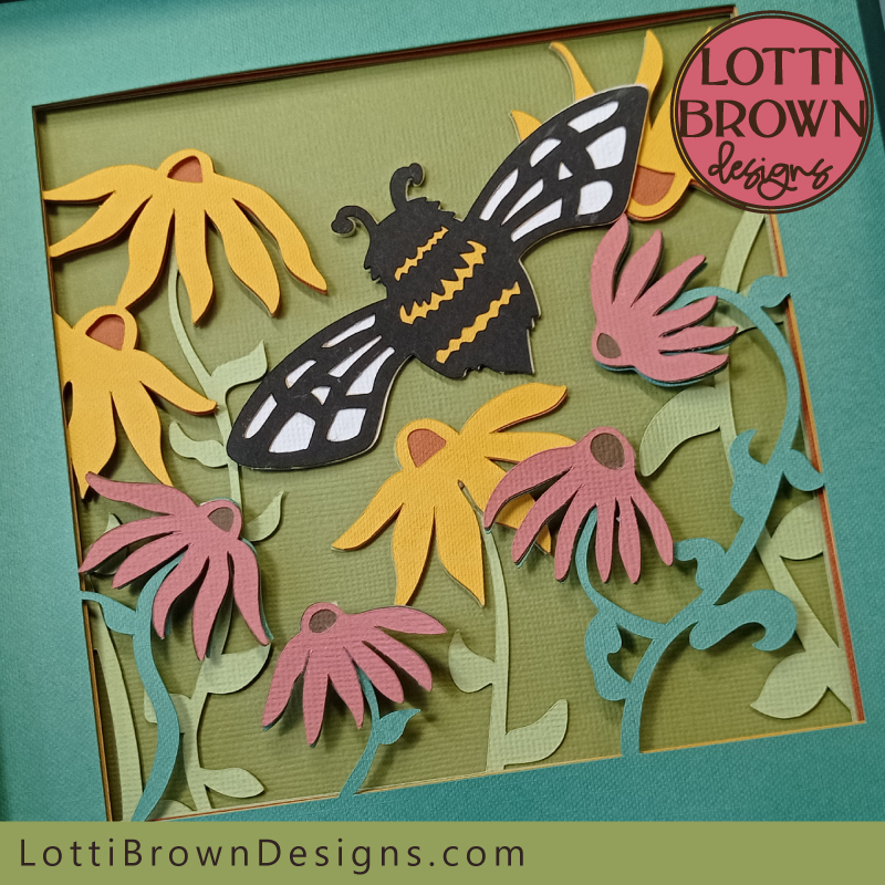 Alternative colour look - pink, yellow, orange, green shadow box idea with bee design