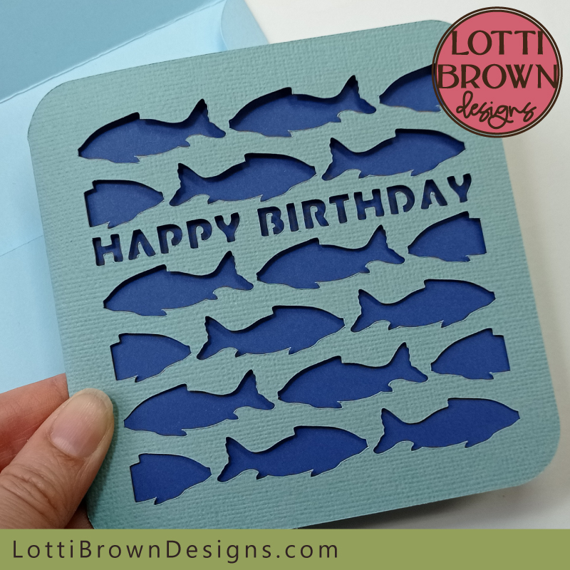 Fish pattern birthday card- blue-green and navy blue