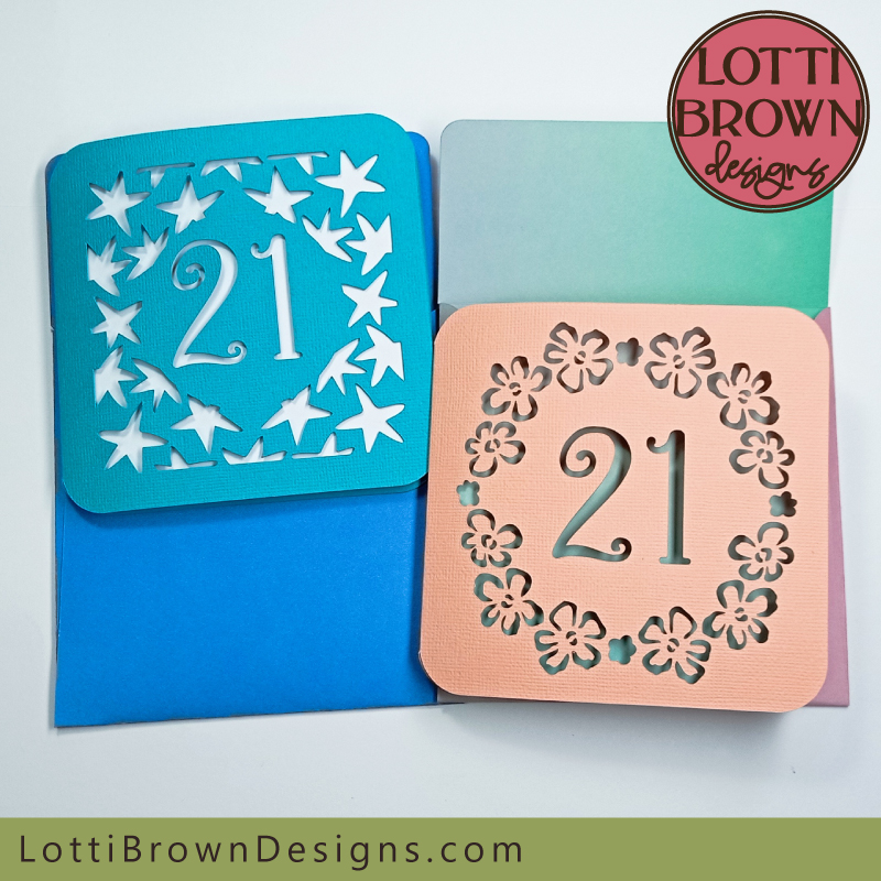 Two 21st birthday card SVG templates for Cricut and other cutting machines - floral or stars design...