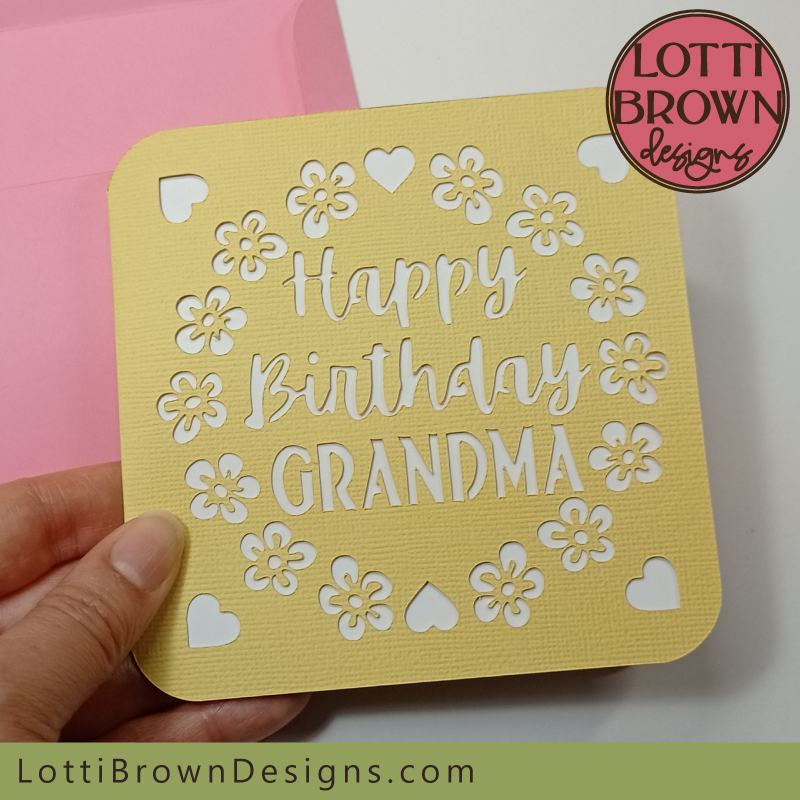Grandma birthday card cut file template in yellow and pink
