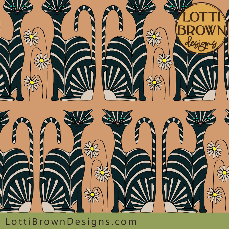 black cat pattern fabric in apricot