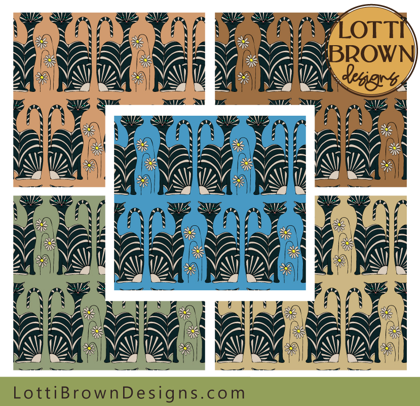 Retro black cat fabric for quilting in soft tones
