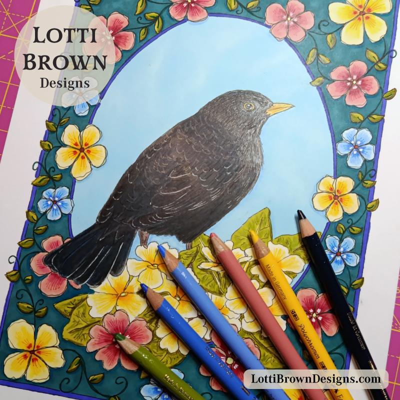 Blackbird art - hand-drawn with markers, coloured pencils and pens
