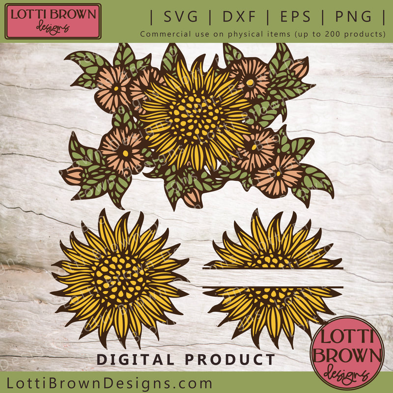 Floral fun - a simple sunflower SVG, plus a split sunflower monogram and a layered sunflower SVG - ideal for Cricut and other cutting machines...