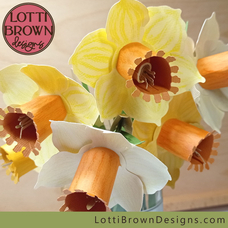Learn how to make paper daffodils with my detailed photo tutorial using my beautiful floral template for cutting machines or cutting by hand...