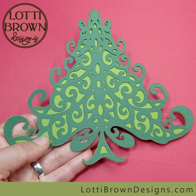 Xmas tree cut file design in two-tone green cardstock