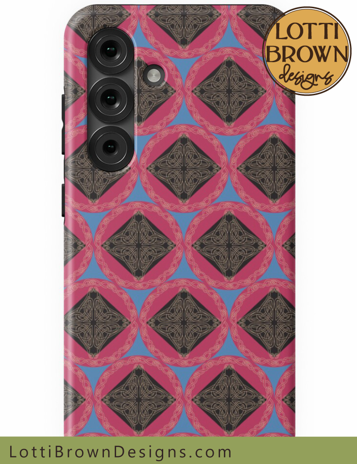 Celtic knotwork phone case in bright pink and blue