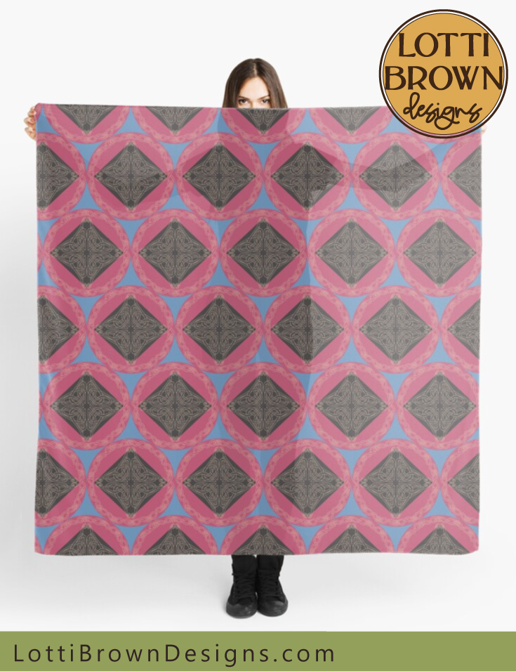 Celtic knotwork summer scarf in bright pink and blue