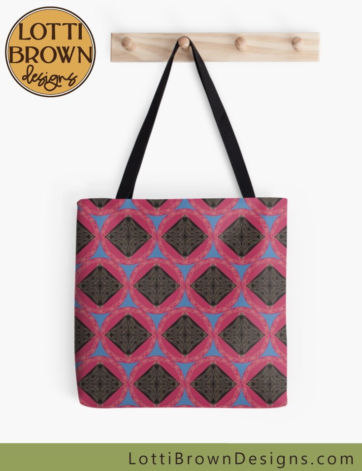 Celtic knotwork tote bag in bright pink and blue