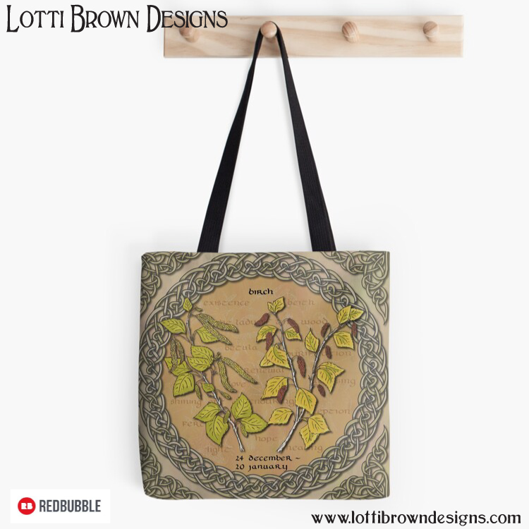 Celtic tree calendar birch tote bag
