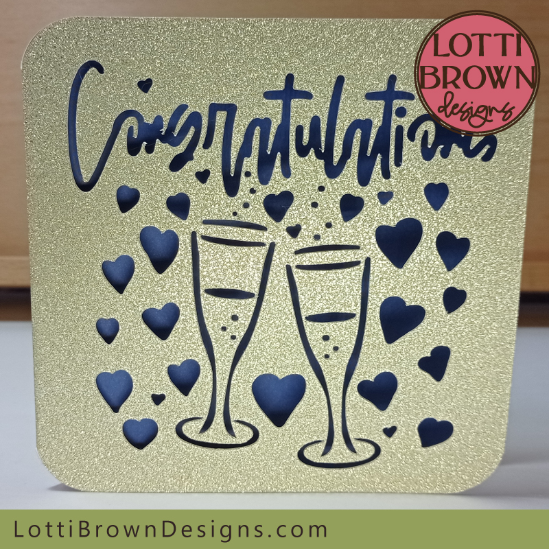 Congratulations engagement card template with champagne flutes and hearts design