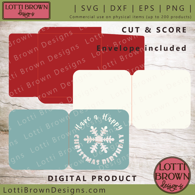 Xmas birthday card SVG file - cut and score project with envelope included