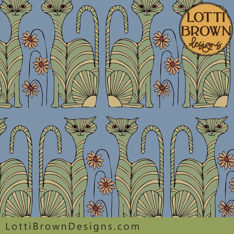 Colourful cat pattern fabric in green and blue