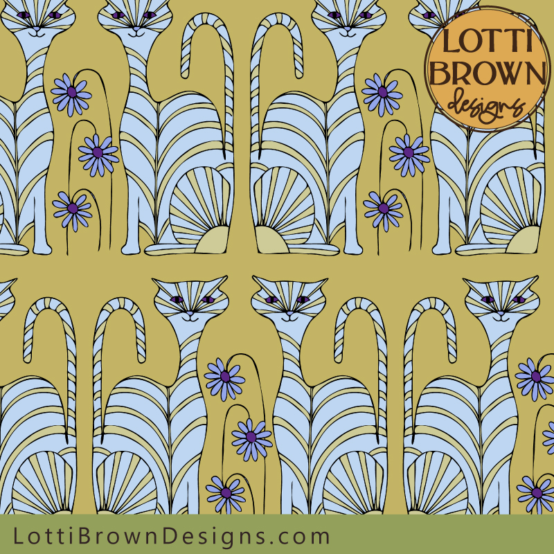 Colourful cat pattern fabric in pale blue and green