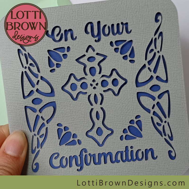 Grey and blue confirmation card for boys or girls