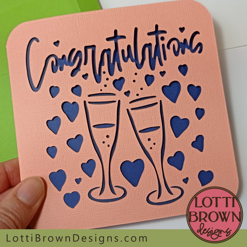 Cute Congratulations engagement card with hearts and champagne design - template for Cricut etc.