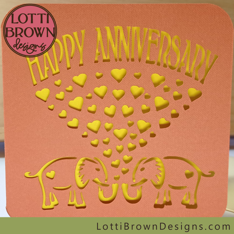 Cricut anniversary card template to download - elephants and hearts