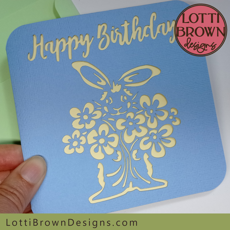 Cute bunny birthday card design with Happy Birthday message and hand-drawn rabbit