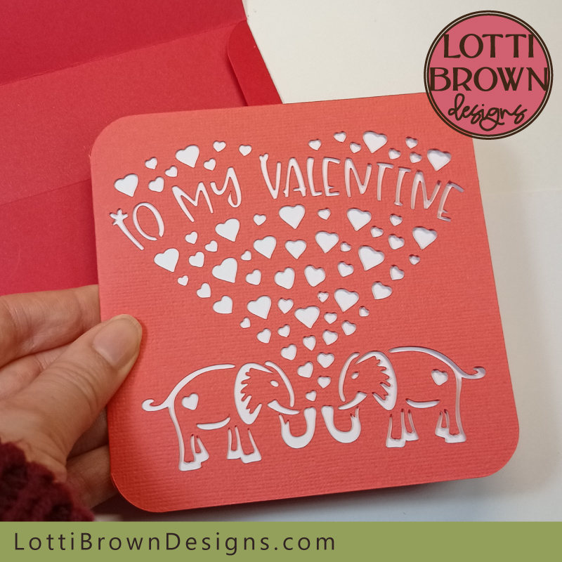 Romantic & cute Valentine card with elephants design - template for Cricut and other cutting machines