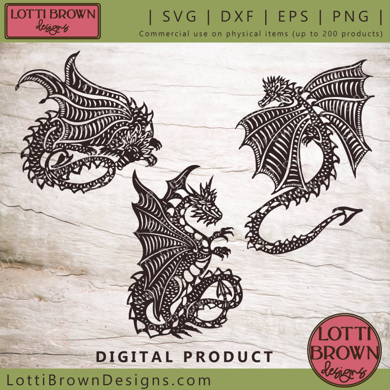 Three beautiful hand-drawn dragon SVG files for Cricut, Silhouette, ScanNCut and other crafting...