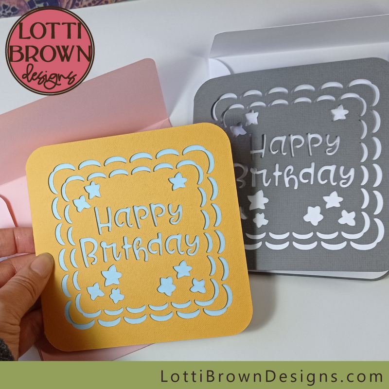 Craft tutorial to make an easy birthday card with your Cricut with step-by-step guidance and help - envelope included!