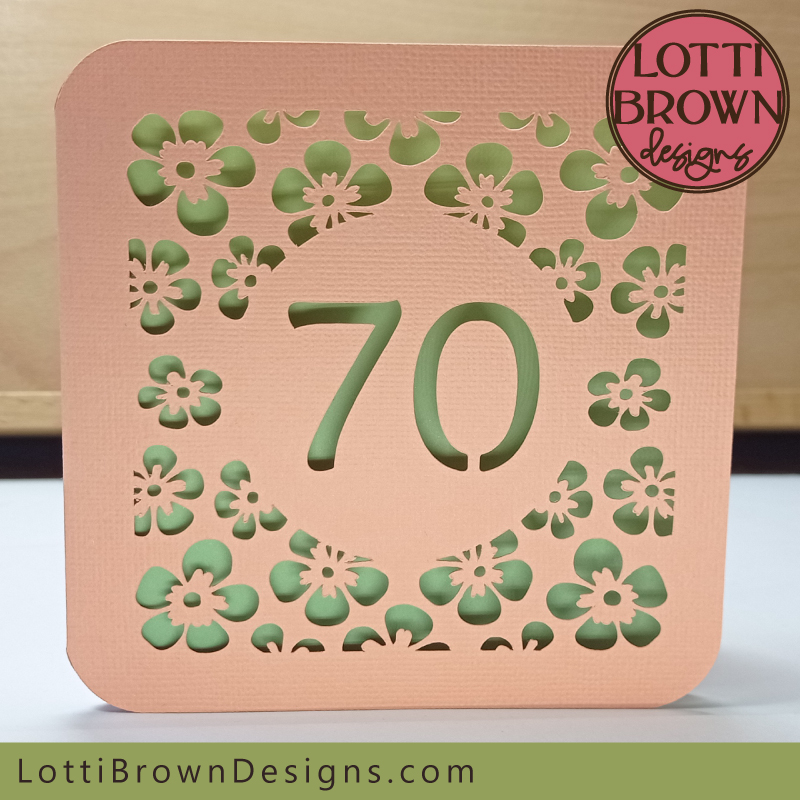 Papercut 70th birthday card template with floral design