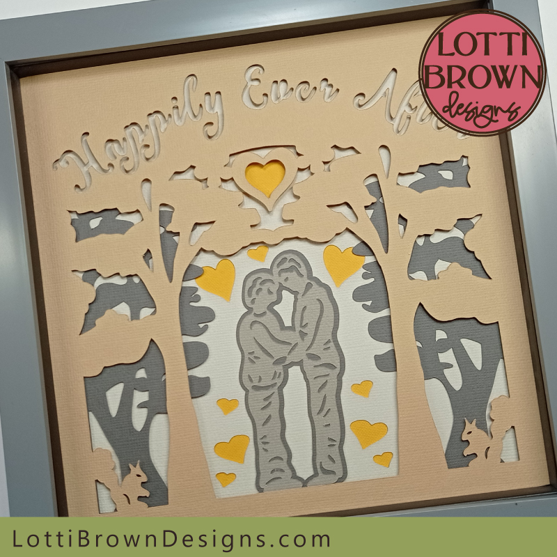 Gay men engagement shadow box in taupes and greys with yellow