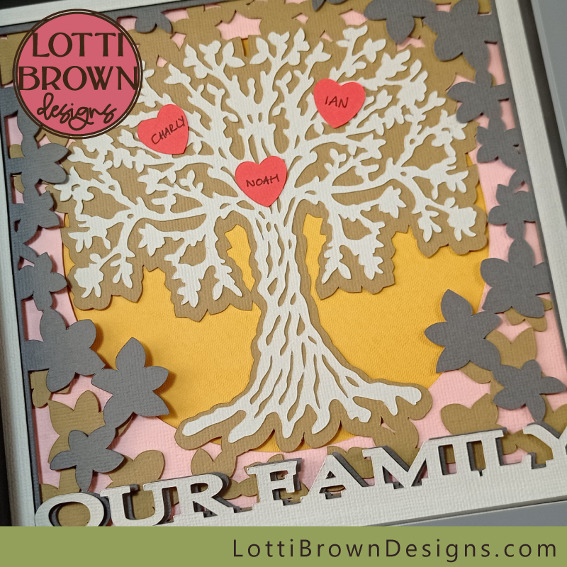 I wrote by hand on the hearts to add my family members to the family tree SVG shadow box
