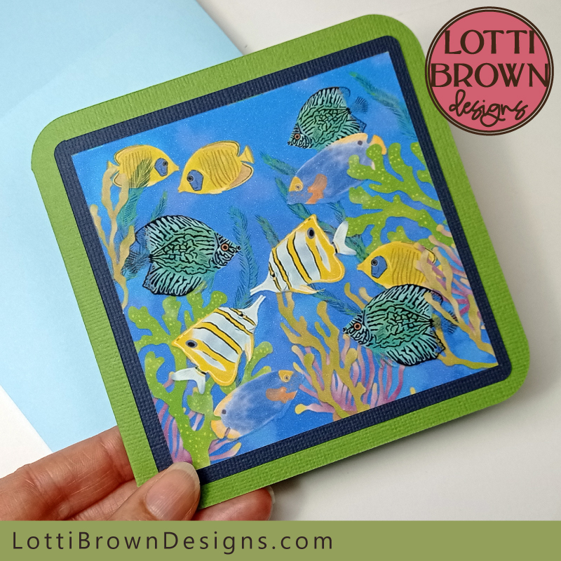 Tropical fish card to print then cut on Cricut - template with fine art design and SVG card template with envelope...