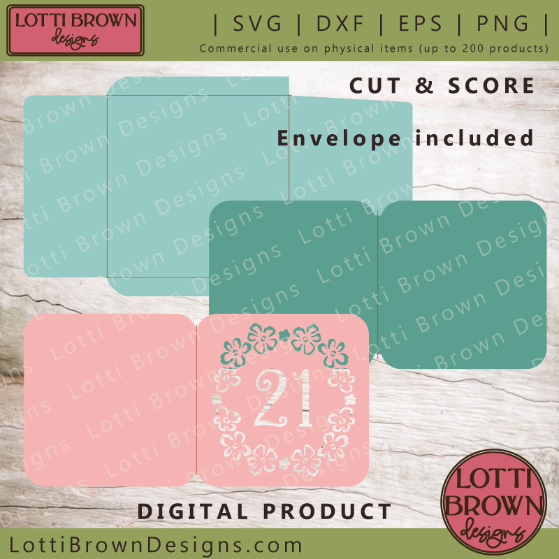 Teal and pink 21st birthday card SVG template - SVG, DXF, EPS, PNG