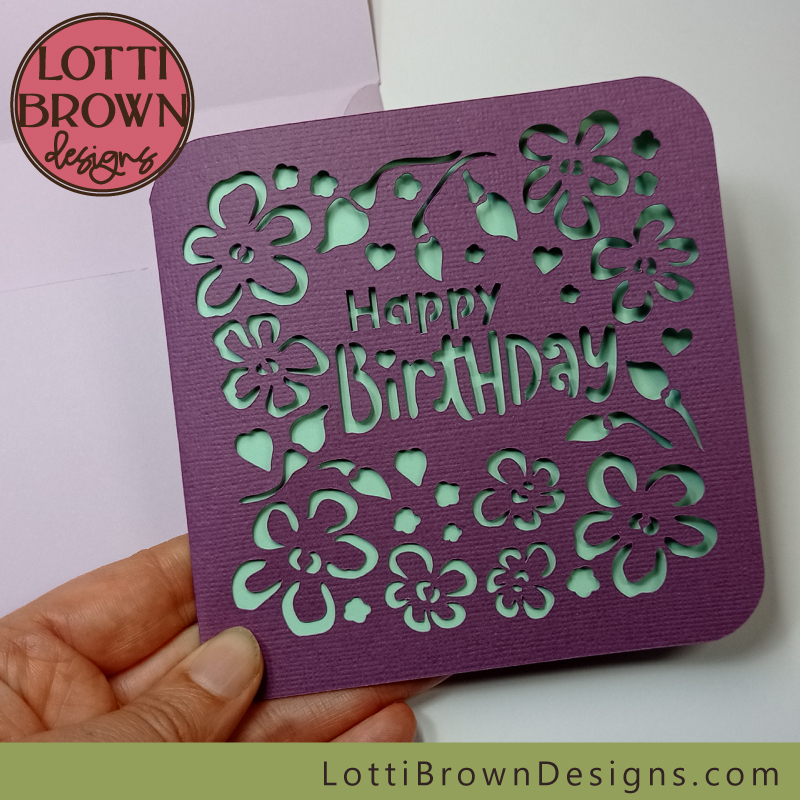 Purple birthday card craft idea for Cricut