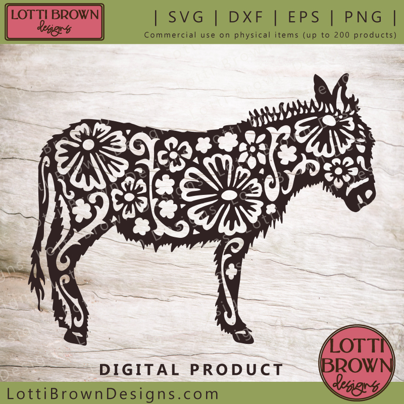 Beautiful donkey SVG files for papercutting and cutting machine crafts - cute donkey face and floral donkey designs...