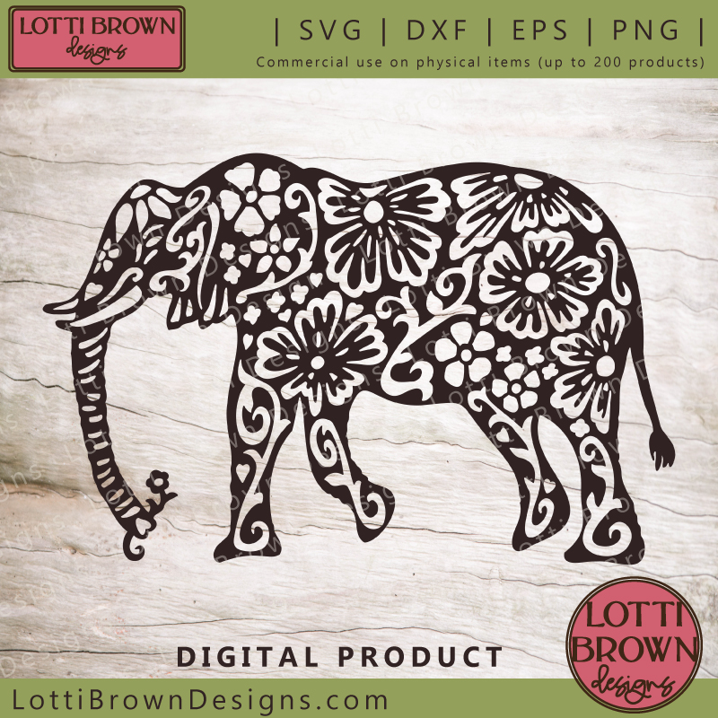 Floral-patterned elephant SVG, DXF, PNG, EPS