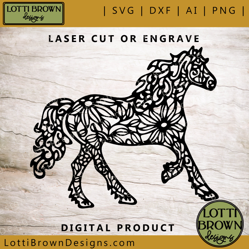 Laser cut or engrave floral running horse SVG design