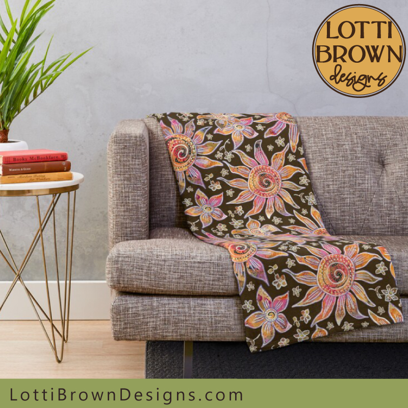 70s boho floral brown throw blanket