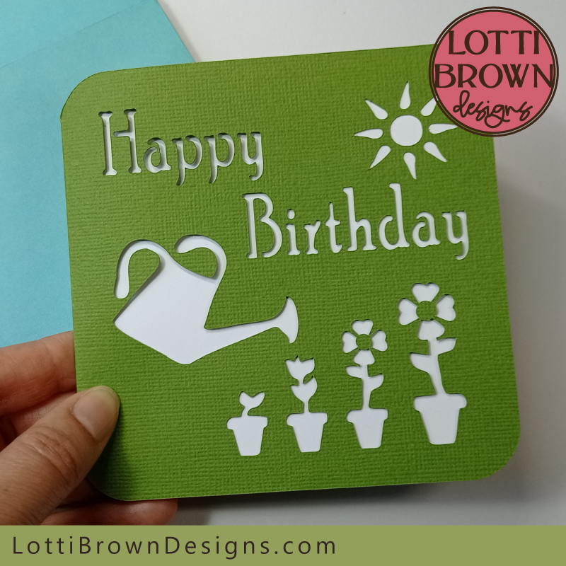 Gardener birthday card SVG template in green