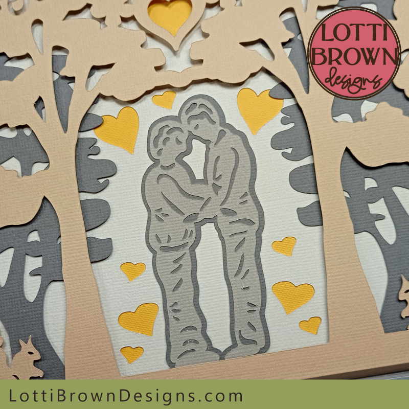 Close-up look - romantic gay men under the trees craft project shadow box