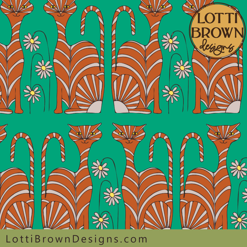 Ginger cat pattern fabric in jade green