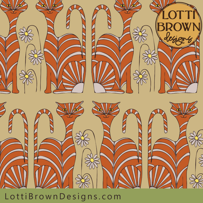 Ginger cat pattern fabric in sand
