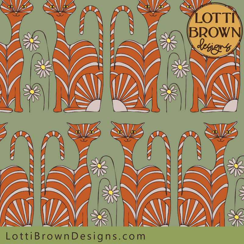 Ginger cat pattern fabric in soft green