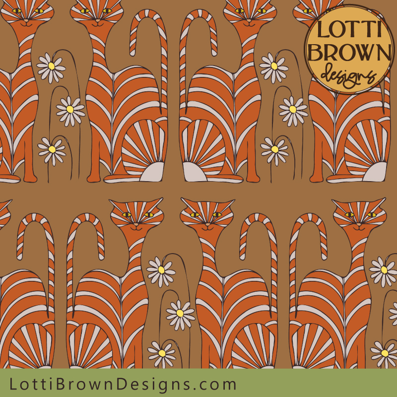 Ginger cat pattern fabric in tan