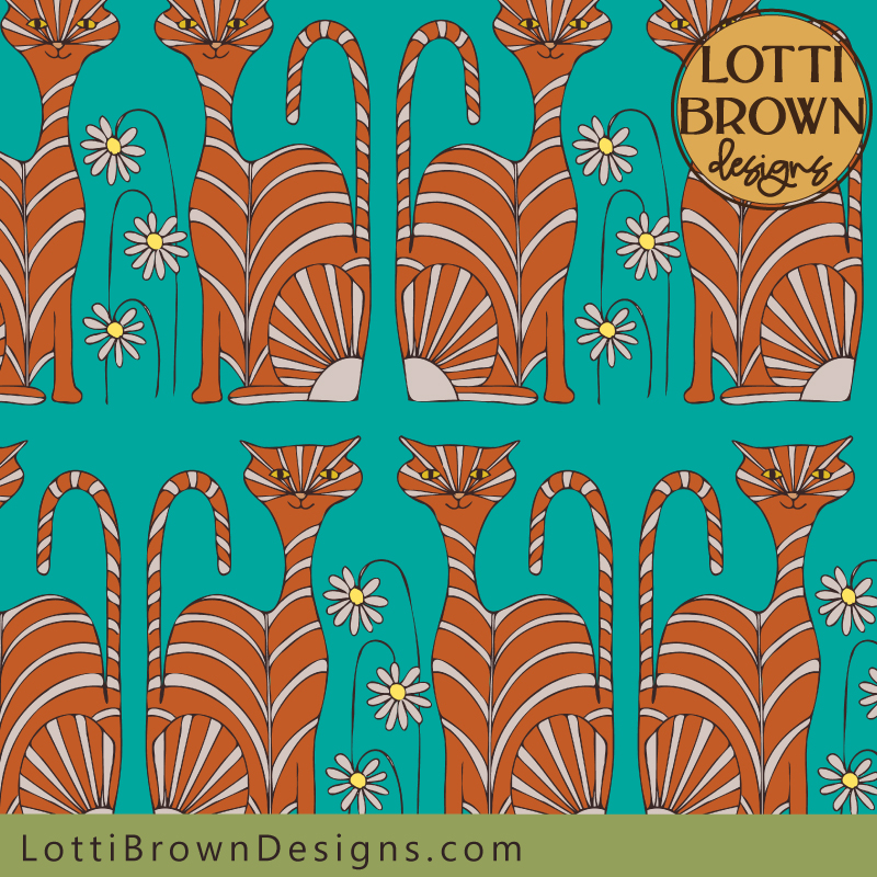 Ginger cat pattern fabric in teal